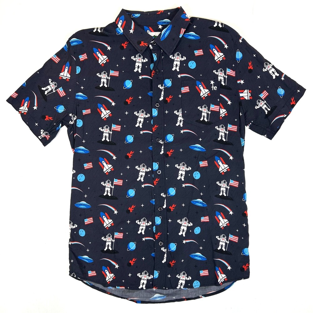 Tipsy Elves Mens XL Space Astronaut Shuttle UFO Print Short Sleeve Button Shirt